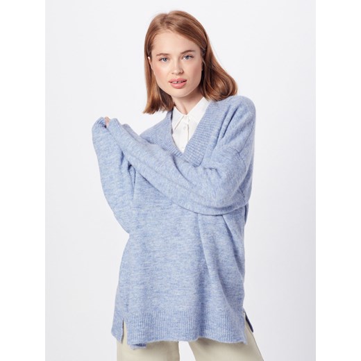 Sweter damski Custommade niebieski z dekoltem w serek casual bez wzorów 
