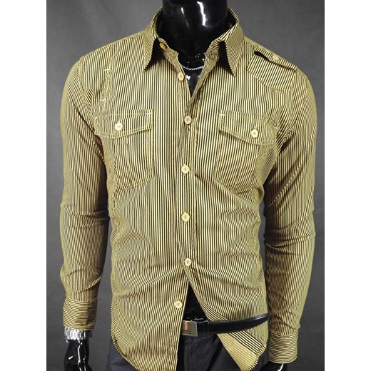 Koszula o kroju slim fit, złota w czarne paski z trzema kieszeniami koszule24-eu brazowy długie