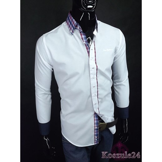 Biała koszula wyszczuplona biała z kontrastowymi fioletowymi wykończeniami koszule24-eu zielony długie