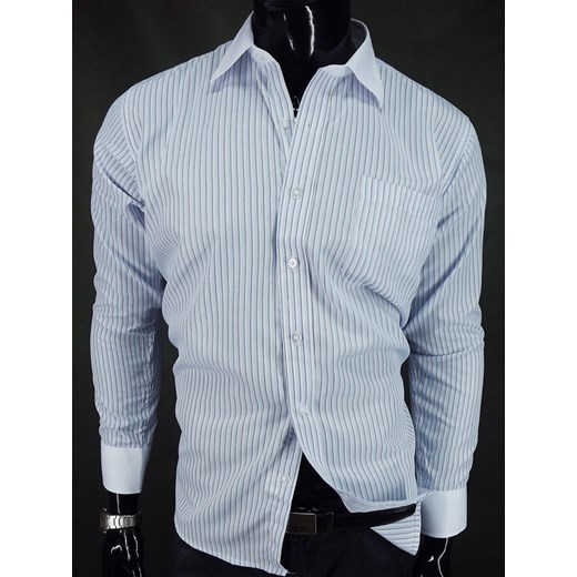 Biała koszula w delikatne błękitne paski  z kieszonką na klatce piersiowej  koszule24-eu niebieski delikatne