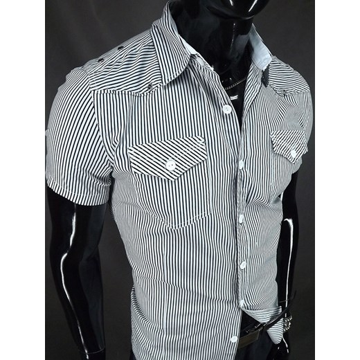 Koszula o kroju slim - fit, w czarne paski z dwoma kieszeniami zapinanymi na guziki koszule24-eu szary guziki