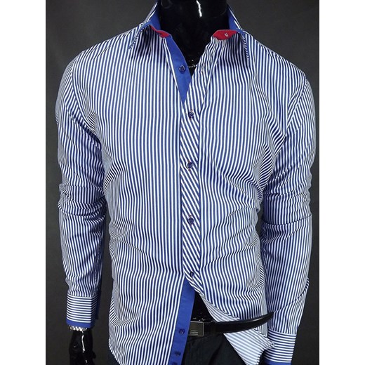 Koszula w biało - granatowe prążki  koszule24-eu niebieski długie