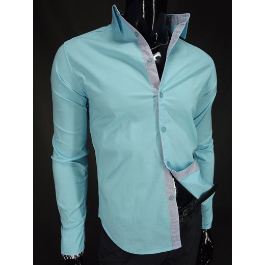 Turkusowa koszula marki Bonus Moda typu slim fit  koszule24-eu niebieski długie