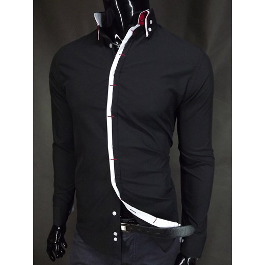 Czarna koszula z  białym wykończeniem typu slim fit koszule24-eu czarny długie