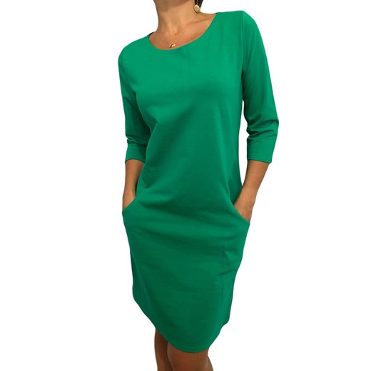 Sukienka Modnakiecka.pl zielona z okrągłym dekoltem elegancka z długim rękawem 