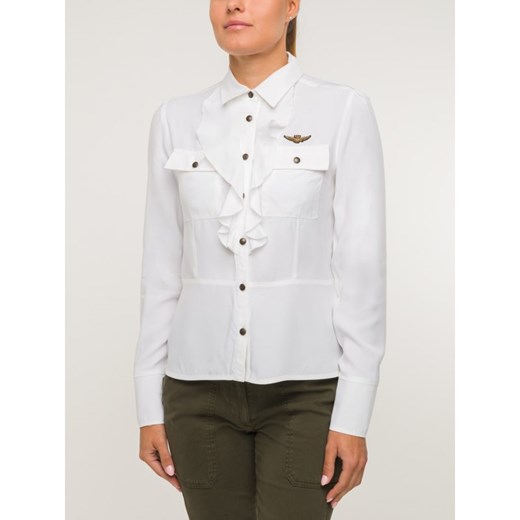 Koszula damska biała Aeronautica Militare wiosenna z długim rękawem z kołnierzykiem w militarnym stylu 