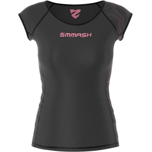 Bluzka damska Smmash z aplikacjami  czarna z tkaniny w sportowym stylu z okrągłym dekoltem z krótkimi rękawami 
