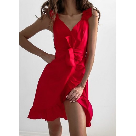 Sukienka czerwona z bawełny na randkę asymetryczna bez rękawów 
