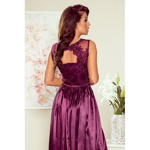 Sally długa suknia z haftowanym dekoltem - śliwka - 256-2 fioletowy  Numoco L TAGLESS