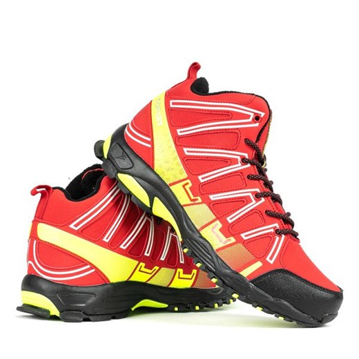 Czerwone sportowe męskie buty trekkingowe z neonową żółtą wstawką Everest - Obuwie  Royalfashion.pl 42 