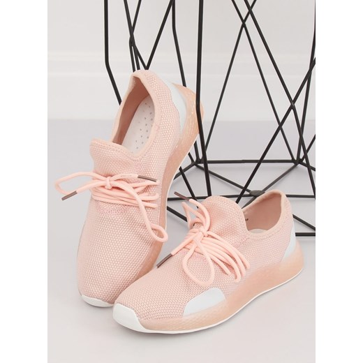 Buty sportowe damskie bez wzorów różowe na płaskiej podeszwie wiązane z tkaniny 