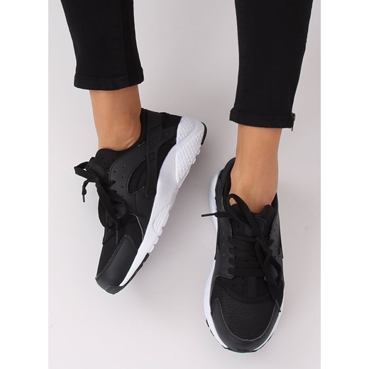 Buty sportowe damskie czarne ze skóry ekologicznej bez wzorów wiązane 