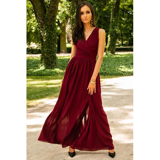Długa suknia na ramiączkach z rozcięciem- bordowy Rocco  L (40) okazyjna cena Pawelczyk24.pl 