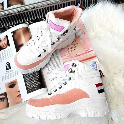 Buty sportowe damskie sneakersy na platformie białe sznurowane 
