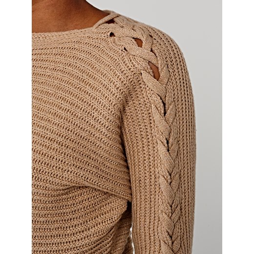 Sweter damski brązowy Gate z okrągłym dekoltem bez wzorów 