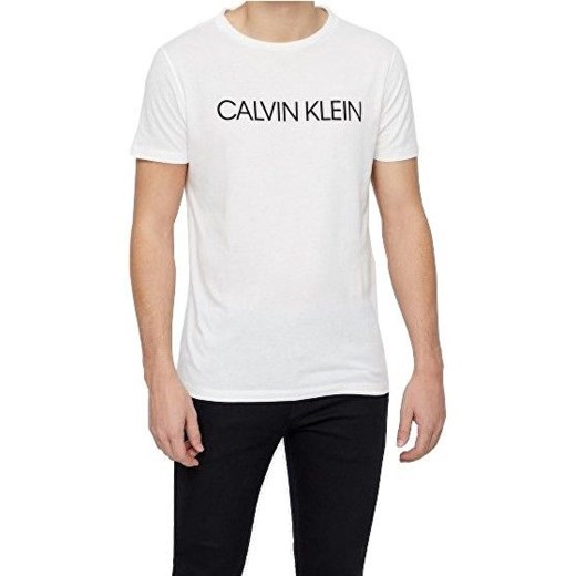 T-shirt męski biały Calvin Klein na wiosnę z napisem z krótkim rękawem 