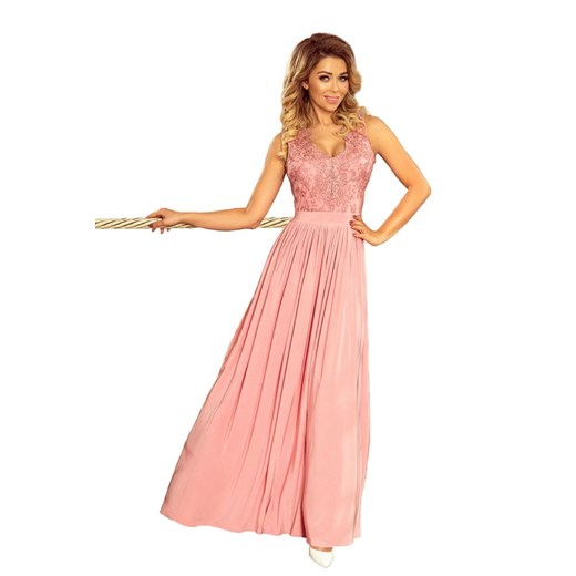 Sukienka Numoco bez rękawów różowa rozkloszowana maxi elegancka koronkowa 