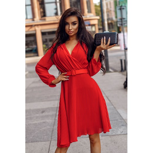 Sukienka Landa Red-RD01-One Size Koktajlowa sukienka z uroczym plisowanym dołem  Molerin One Size 