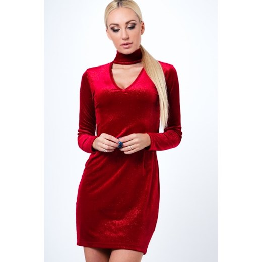 Czerwona Brokatowa Sukienka z Chokerem 9480