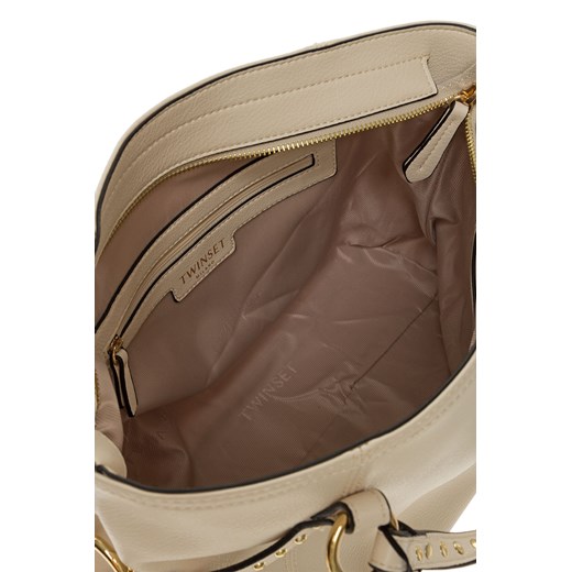 Shopper bag Twinset beżowa elegancka ze skóry ekologicznej mieszcząca a5 z aplikacjami 