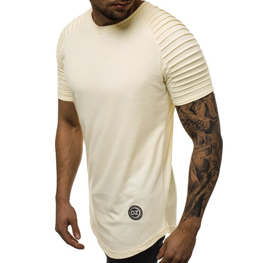 Beżowy t-shirt męski Ozonee z bawełny z krótkimi rękawami 