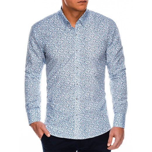 Koszula męska niebieska z długim rękawem w abstrakcyjnym wzorze 