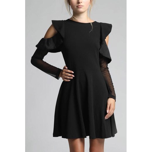 Sukienka czarna elegancka z długim rękawem rozkloszowana 