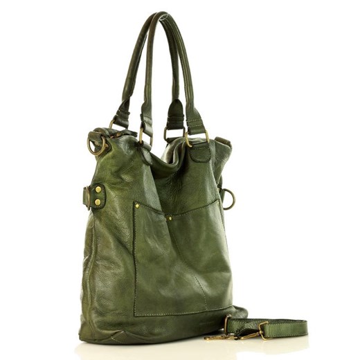 Shopper bag Merg bez dodatków zielona ze skóry na ramię 