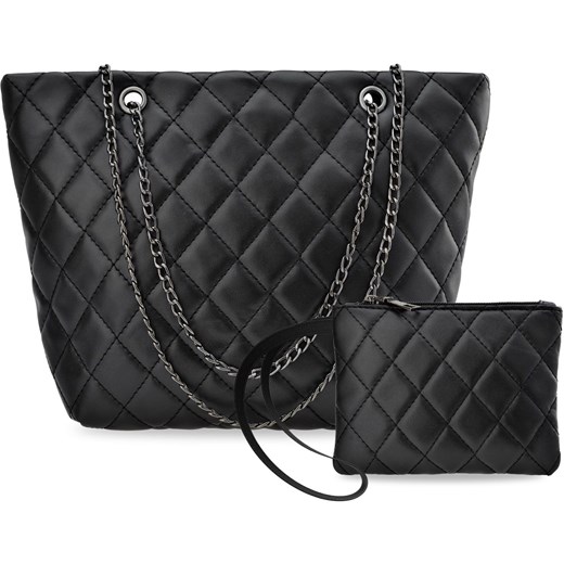 Shopper bag czarna duża glamour pikowana ze skóry ekologicznej 