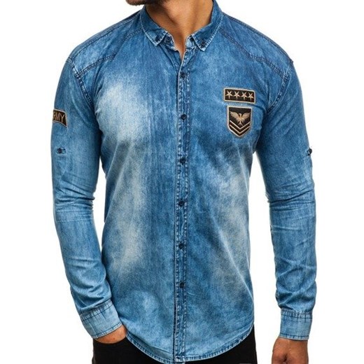 Koszula męska jeansowa z długim rękawem niebieska Denley 0992