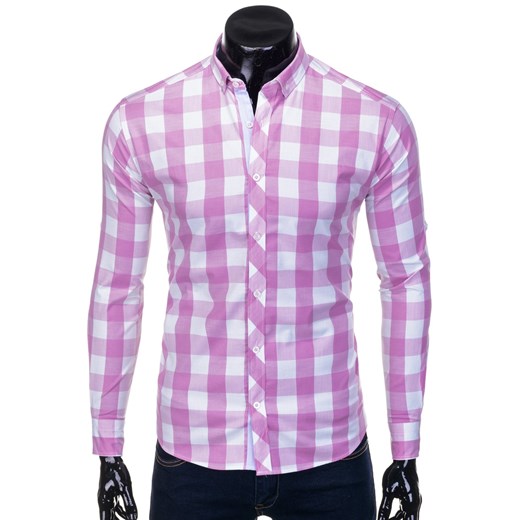 Koszula męska w kratę z długim rękawem 503K - biała/różowa Edoti.com  XXL promocyjna cena  