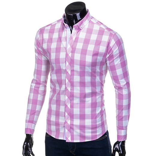 Koszula męska w kratę z długim rękawem 503K - biała/różowa Edoti.com  XXL promocja  