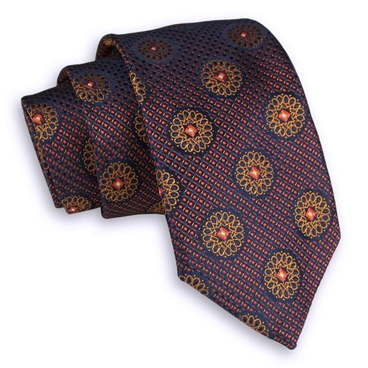Pomarańczowo-Granatowy Elegancki Męski Krawat -ALTIES- 7 cm, Klasyczny, Wzór Geometryczny KRALTS0398 ze sklepu JegoSzafa.pl w kategorii Krawaty - zdjęcie 76521985