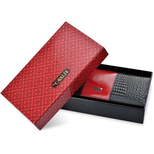 Skórzany dwukolorowy portfel damski cavaldi duża portmonetka z lakierowaną tłoczoną klapką - czerwono-czarny Cavaldi   world-style.pl
