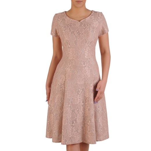 Sukienka różowa elegancka z krótkim rękawem rozkloszowana koronkowa 