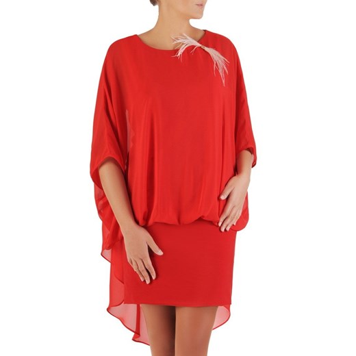 Sukienka Modbis z długim rękawem oversize'owa czerwona na wesele mini z okrągłym dekoltem 