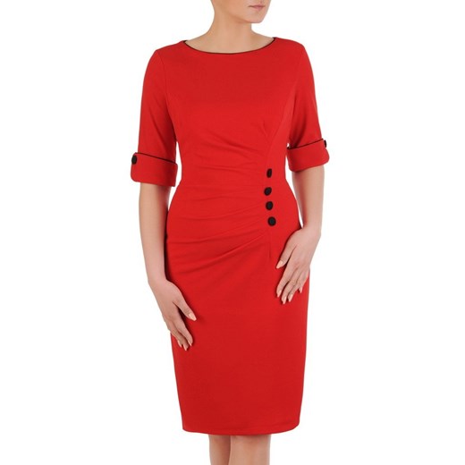 Sukienka czerwona z okrągłym dekoltem z krótkim rękawem midi prosta 