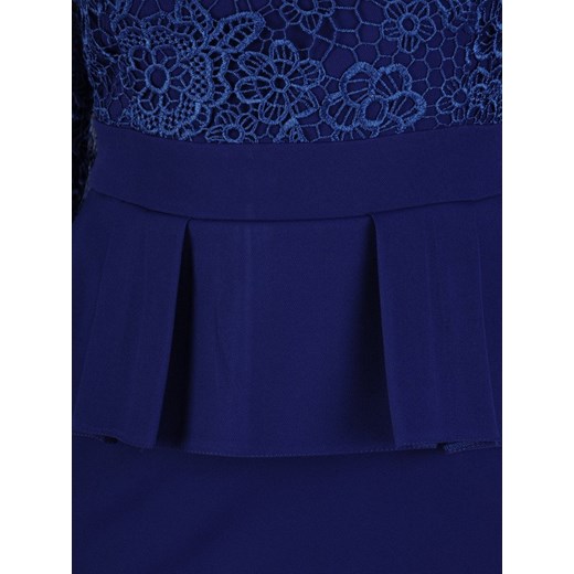 Sukienka niebieska Modbis na urodziny z tkaniny z dekoltem w literę v baskinka midi z długimi rękawami 
