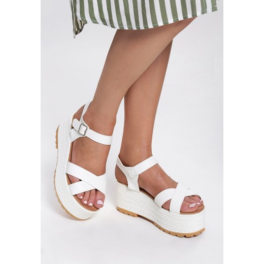 Renee sandały damskie na platformie białe ze skóry ekologicznej w abstrakcyjnym wzorze 