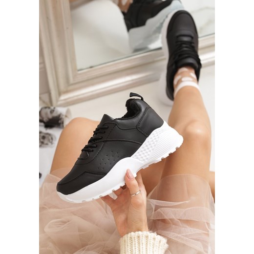 Sneakersy damskie czarne Renee na platformie sportowe sznurowane ze skóry ekologicznej 