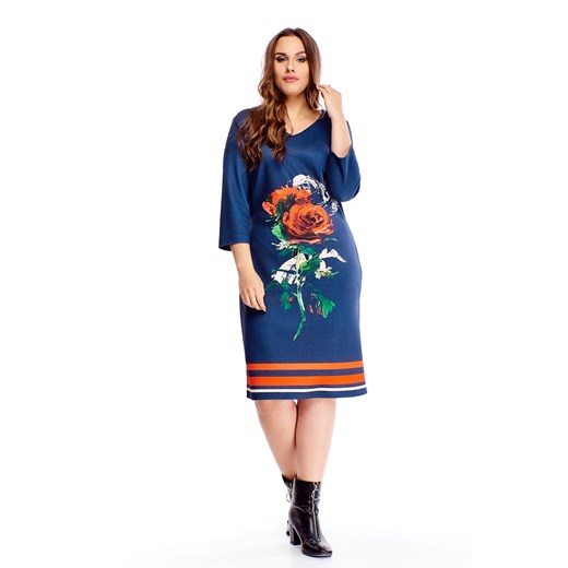 Granatowa sukienka Ptakmoda.com z długim rękawem midi tkaninowa w serek 
