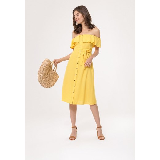 Sukienka żółta Born2be z odkrytymi ramionami mini z krótkimi rękawami 