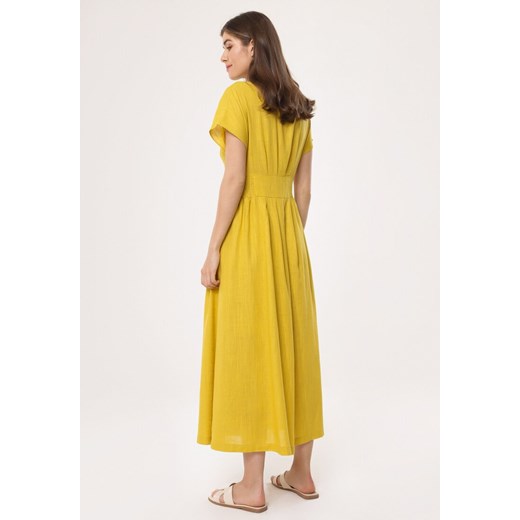 Sukienka Born2be żółta szmizjerka maxi z aplikacją dzienna z krótkim rękawem 