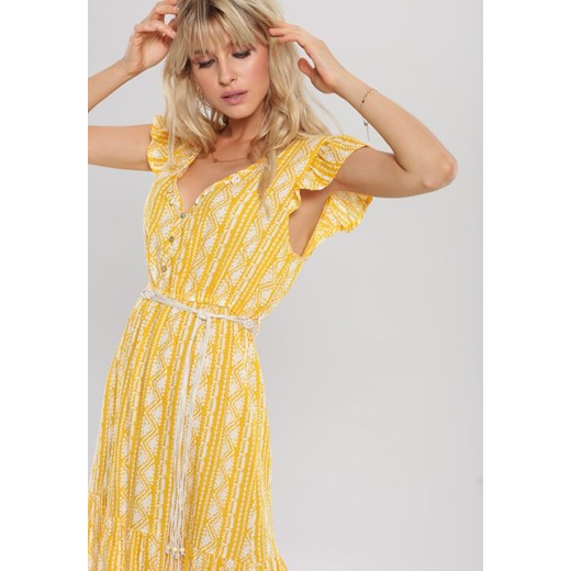 Sukienka Renee żółta kopertowa w abstrakcyjne wzory z krótkimi rękawami casual 