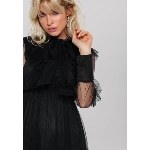 Sukienka Renee czarna na sylwestra bez wzorów elegancka z długim rękawem midi 