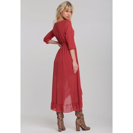 Sukienka Renee czerwona midi asymetryczna z okrągłym dekoltem z długimi rękawami 