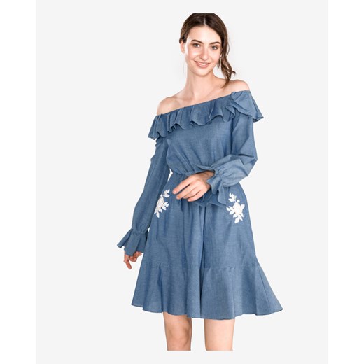 Twinset sukienka niebieska mini z odkrytymi ramionami z dekoltem typu hiszpanka 
