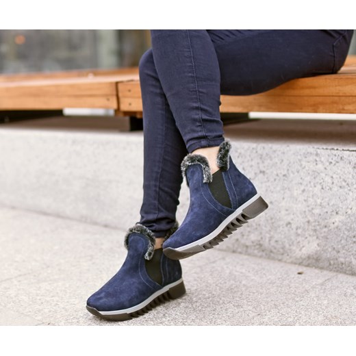 Niebieskie botki Zapato skórzane bez wzorów na koturnie na zimę 