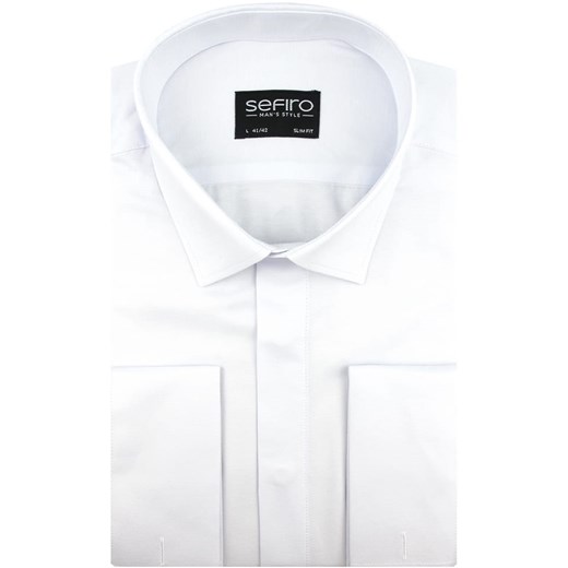 Koszula Męska Sefiro gładka biała z kryta plisą i podwójnymi mankietami na spinki SLIM FIT A170