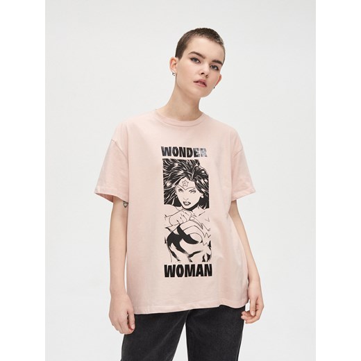 Różowa bluzka damska Cropp młodzieżowa z okrągłym dekoltem 
